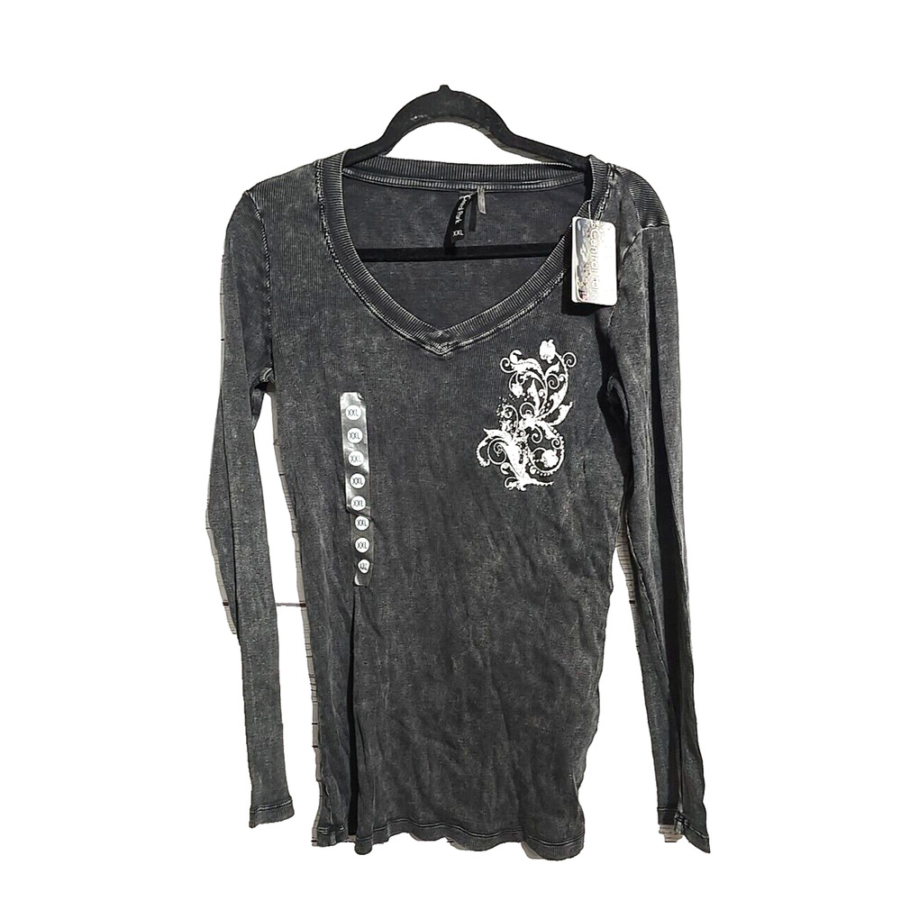NWT Central Park Black Floral V-Neck Gothic Faded Long Sleeve Top Womans‎ Sz 2XL